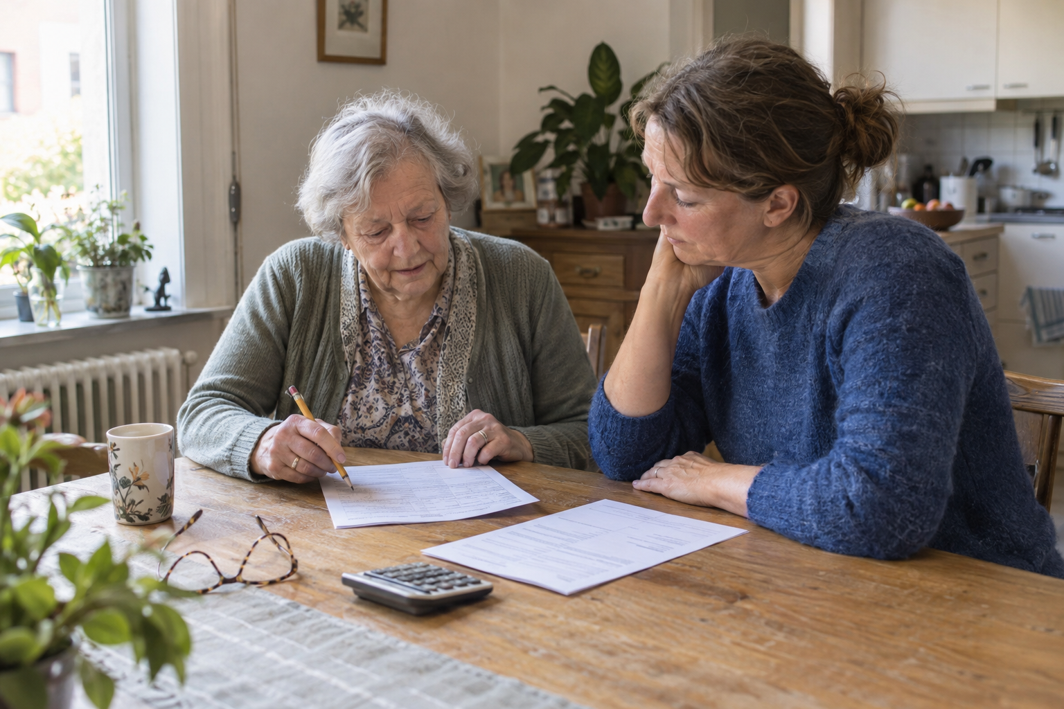 Een oudere vrouw en een vrouw van middelbare leeftijd bekijken documenten aan een tafel met een rekenmachine.