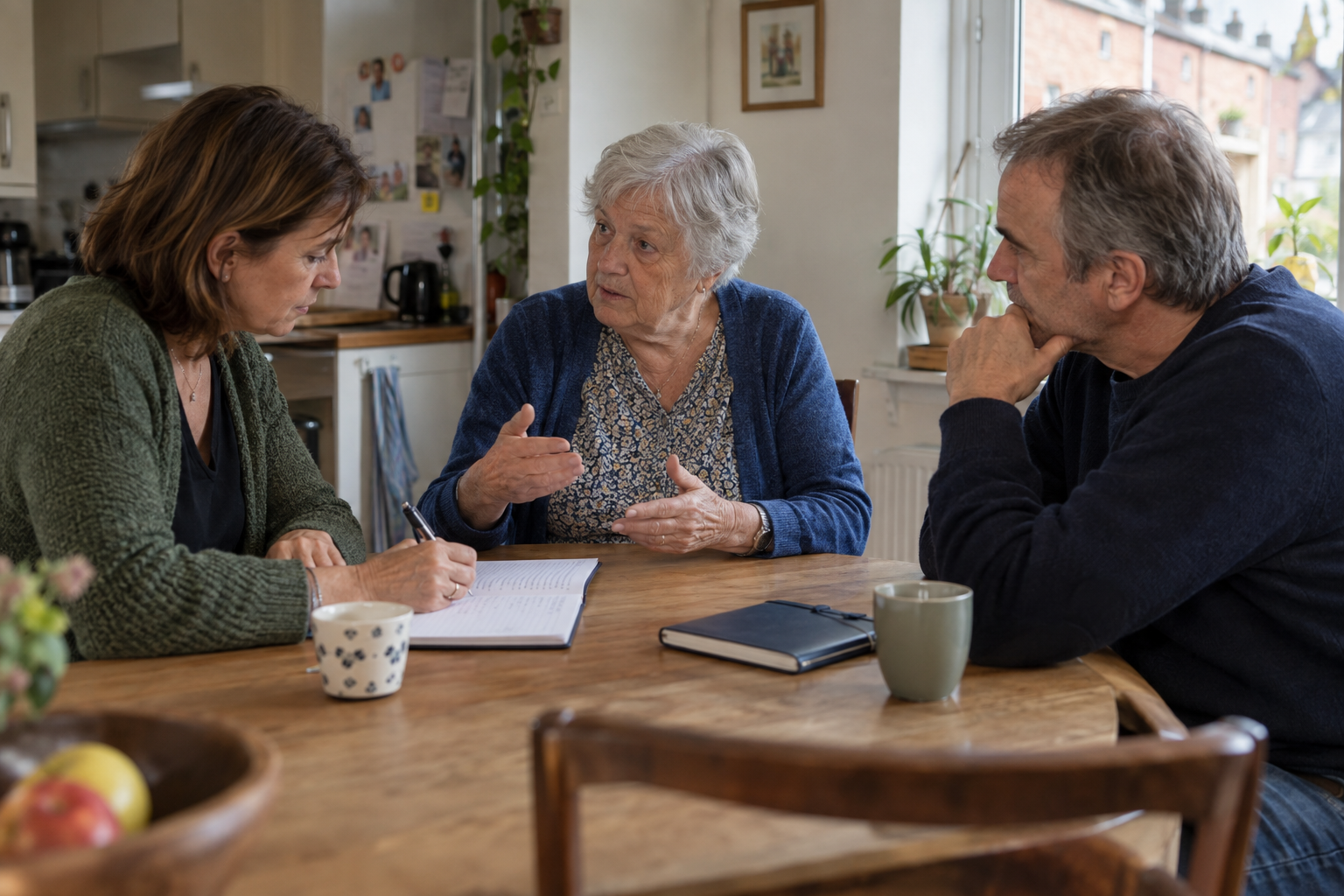 Een oudere vrouw bespreekt afspraken met twee volwassenen aan de keukentafel; één van hen maakt notities.