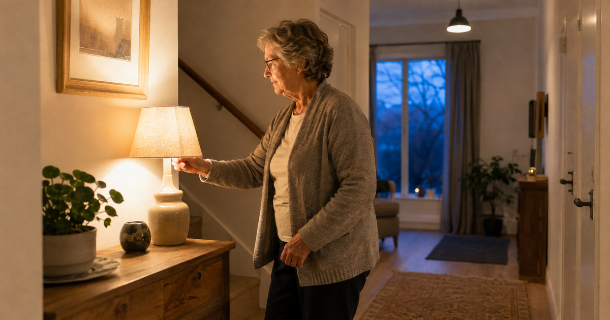 Oudere vrouw schakelt een lamp in om haar woning veilig en goed verlicht te houden