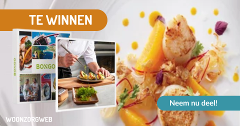 Bongo-cadeaubox voor een gastronomisch diner voor twee, met een foto van een chef die een gerecht afwerkt.